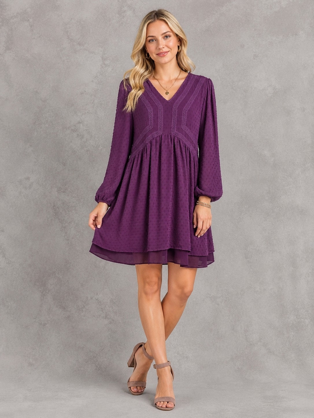 Matilda Jane Plum Sheer V‑Neck Long Sleeve Mini Dress